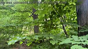 a random guy gives his big cock for risky outdoor blowjob in public forest, ending with cum