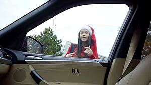 Public agent santa helper matty mila perez gives blowjob and takes big dick pov outdoors