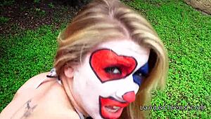 teen in clown costume banging outdoor to cumshot