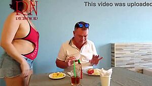 naked waitress lets restaurant guest lick her navel in voyeur scene backstage