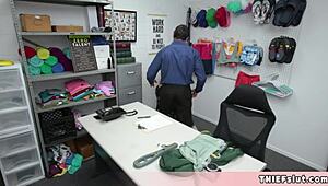 Skinny blonde shoplifter gets caught by an older mall cop in the store