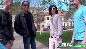 Ukrainian girl Lina Arian gets warmed up in a park and taken home by three guys for a gang bang