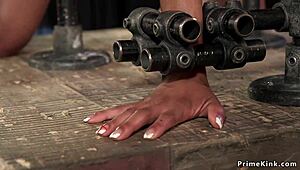 slim ebony sub gets fucked in device bondage with rough choking