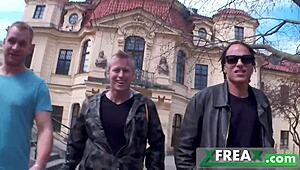 Ukrainian girl Lina Arian gets warmed up in a park and taken home by three guys for a gang bang