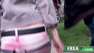 Ukrainian girl Lina Arian gets warmed up in a park and taken home by three guys for a gang bang