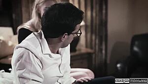 stepsister guides virgin stepbrother into her shaved pussy for deep fucking and licking