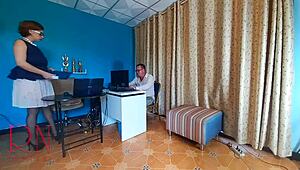 Boss dominates employee in office humiliation