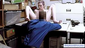 In the bustling shop, a stern officer conducts a thorough strip search on a petite teen shoplifter, leading to intense fucking in the back room.