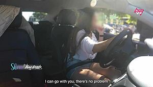 Thay Ksada, Hot Latina Wife, Shows Off Big Tits in Car to Stranger, Lets Him Touch with English Subs