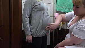 Nurse Gives Pregnant Milf Milky Enema in Hairy Pussy