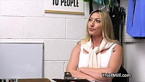 blonde cougar having fun with the officer's big dick right on the desk