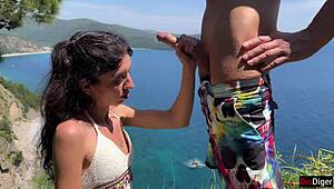 Public dick flashing girl helps cum in mountains