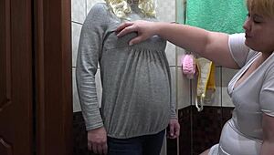 Nurse Gives Pregnant Milf Milky Enema in Hairy Pussy