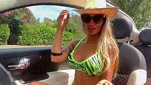 Monika fox rips clothes off her tattooed fake tits and pierced nipples for public car striptease