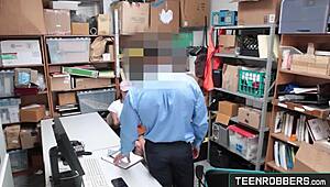 Heartbroken Teen Shoplifter Endures Rough Fucking by Creepy Guard in Garage