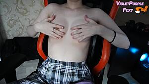 Virgin fingers nipples to orgasm alone.