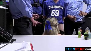 Cheerleader thief receives thorough gangbang cavity search from burglars.