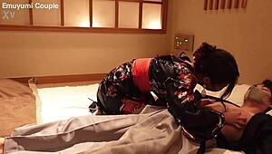 Hey, her kimono-clad girlfriend rides cowgirl, cumming hard with shaved pussy exposed! Big tits convulsing in POV ecstasy. 😍💦