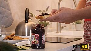 Redhead Girlfriend Rims Shaved Pussy in Kitchen Morning