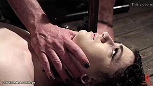 Bound chained slut gagging whipped in bizarre BDSM pain fest!