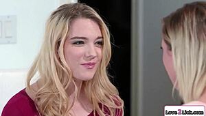 Blonde lezdom babe dominates petite stepsister licking pussy fucking