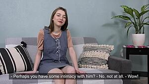Curious virgin brunette faces her first casting interview