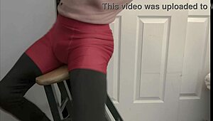 whoa grinding that ass on the stool in tight black tights and red shorts 😈💦