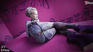 tattooed goth punk fingers gaping anal ass solo with huge buttplug collection