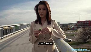 super sexy brunette shows tits ass sucks fucks big cock public pickup pov