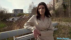 super sexy brunette shows tits ass sucks fucks big cock public pickup pov