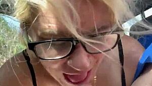 real hooker in glasses kneels public for old man's cash sucking cumshot straight in mouth