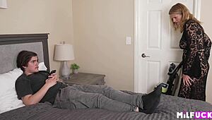 check out this fat blonde milf cougar riding cock deep before cum on tits