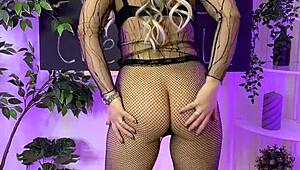 curvy teacher in fishnets spanks her big ass at nylon club dancing heels