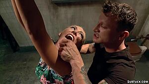 Bound blonde gags on cock before rough anal creampie pounding