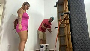 Redhead wife calls black builder to paint bedroom and suck his cock while husband travels