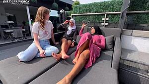 Two horny muslim men lure the innocent white girl into tight pussy play