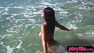petite mexican babe... strips wet at beach shows off her huge ass cheeks