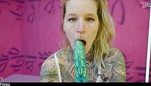 tattooed goth punk skinny blonde deepthroats monster cock then takes double anal penetration assfucking with toys gaping atm facefucked