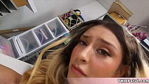 Cute petite blonde californian shoplifter caught bent over fucked rough doggystyle by mall cop on cctv