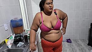 Stepmom Fucked Hard in Kitchen by Stepdaughter. She Squirts and Takes Massive Cumshots on Big Natural Tits