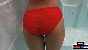 Amateur thai teen girlfriend bends over public pool for doggystyle pounding