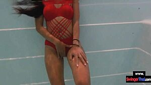 Amateur thai teen girlfriend bends over public pool for doggystyle pounding