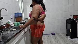 Stepmom Fucked Hard in Kitchen by Stepdaughter. She Squirts and Takes Massive Cumshots on Big Natural Tits