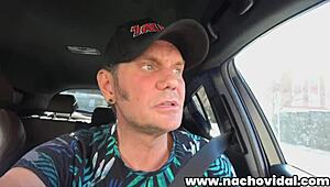 Director Nacho Vidal picks up tattooed redhead fuck doll Candy for road head and hard ride home