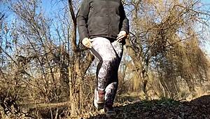 mother-in-law's dripping wet hairy pussy in leggings ripped open for doggystyle in nature?