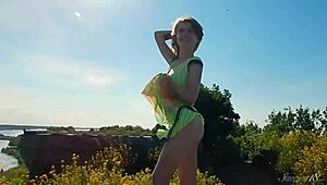 Spunky Blonde Teen Model Strips Naked in Outdoor Miniskirt Photoshoot