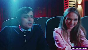 SexSinners.com - Petite Blonde Gf Drops to Suck Bf's Big Cock in Public Cinema