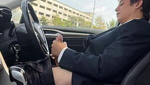 Monster cock throbs hard while stroking big dick exposed in the car