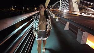 Luscious milf struts braless pantyless on bridge