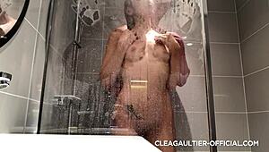 clea gaultier takes a steamy shower bathing brunette french beauty
